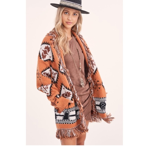 Rust Aztec Fringe Detail Cardigan Sweater - Picture 4 of 7